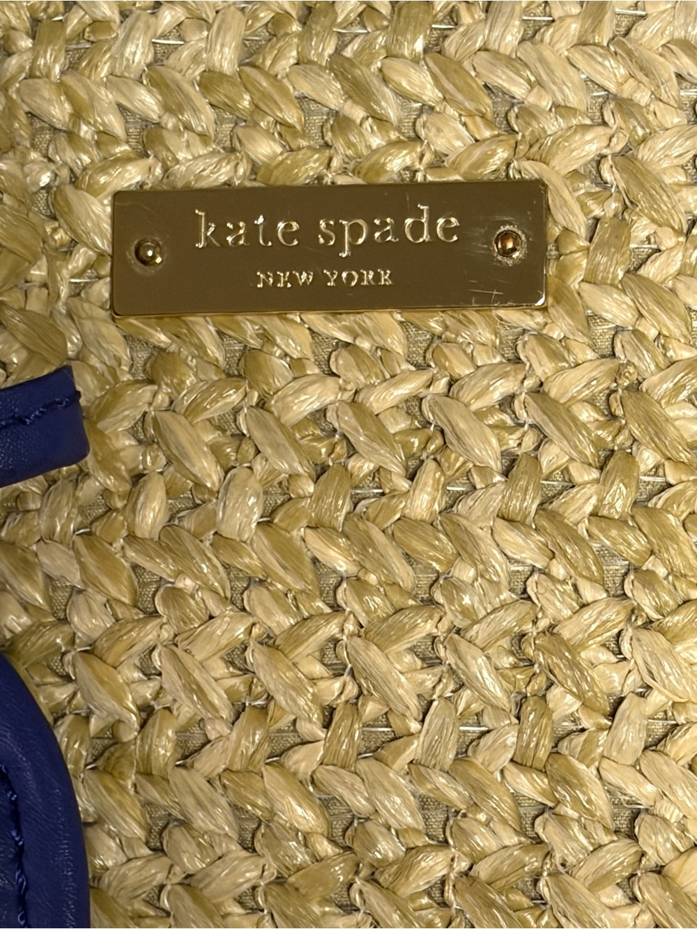 Kate Spade New York Straw Woven Tote Bag Blue Leather Trim Bow Accent - Picture 7 of 13